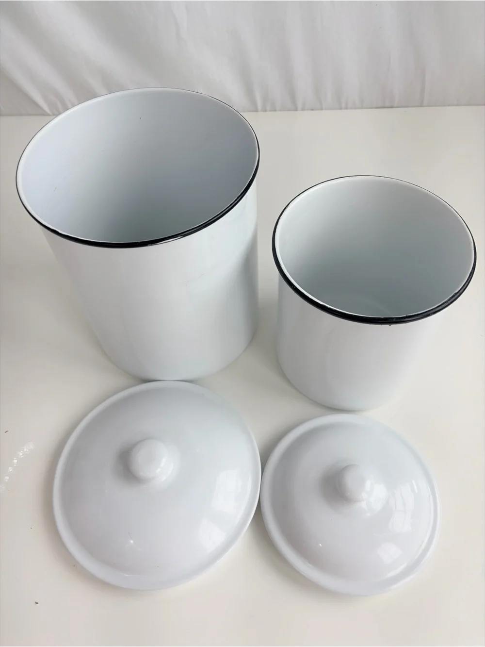 2 Piece Canister Set Vintage Inspired White & Enamel Black Rim Round Tin Storage